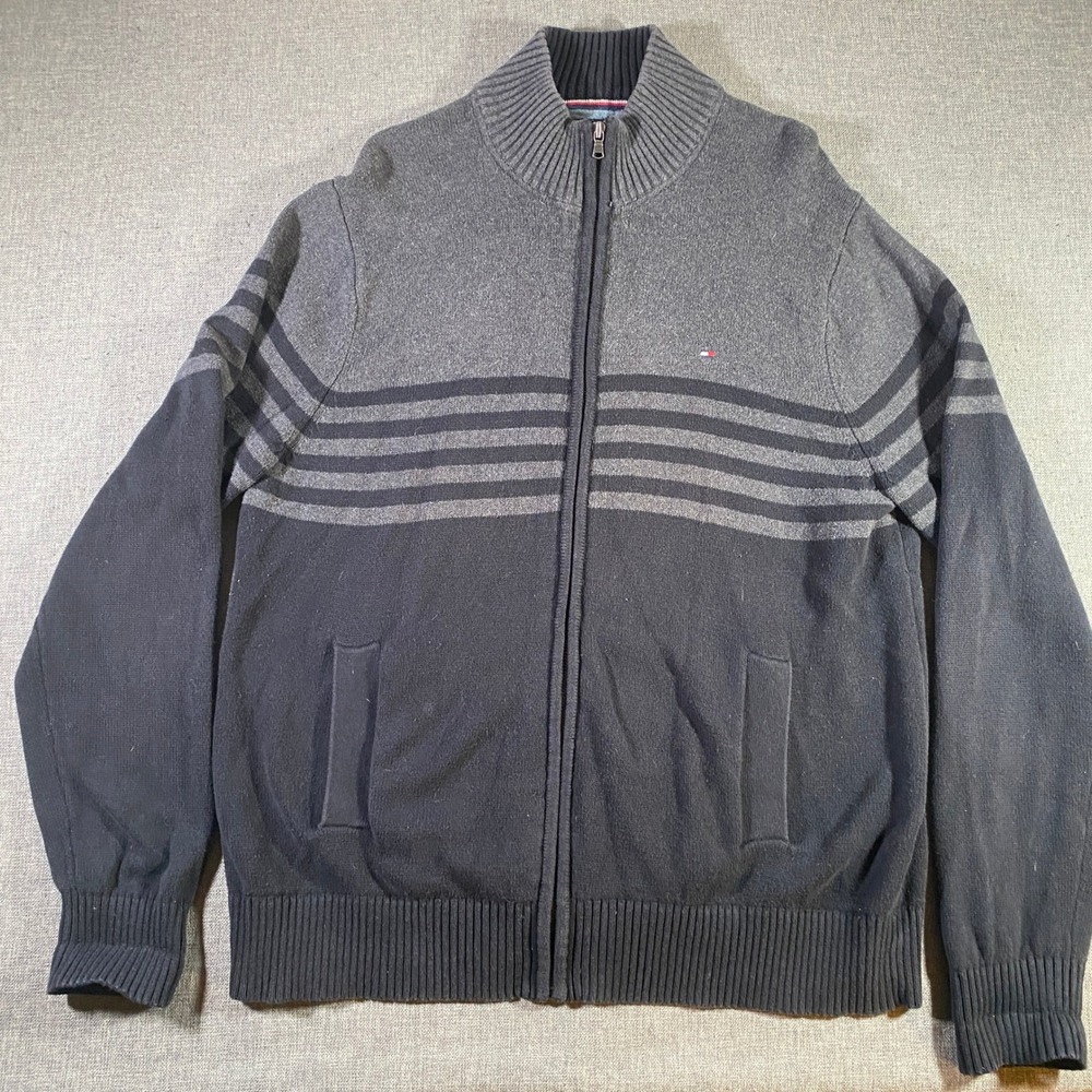 Tommy Hilfiger Men's Full Zip Mock Neck Sweater XL Gray Black Stripe Casual